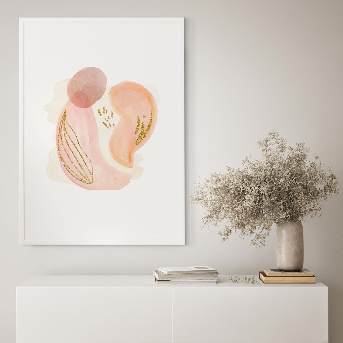 Plakat w ramie 30x40 - Impresje Przenikających Form - abstrakcyjne akwarelowe plamy, minimalizm - rama biała