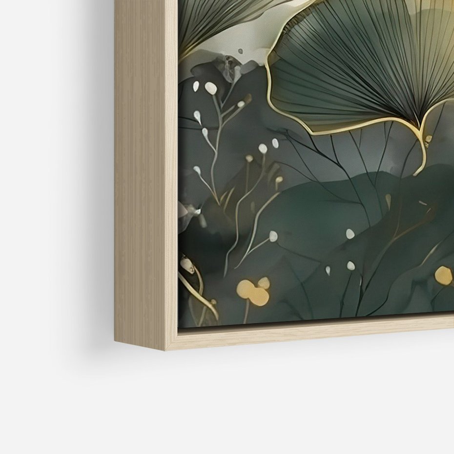 Obraz w ramie 70x100 - Natura w Złotym Odcieniu - złote elementy, liście miłorzębu japońskiego - rama drewno