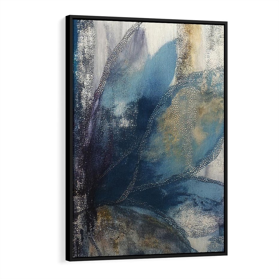 Obraz w ramie 70x100 - Tekstura Kwiatu - olejny obraz, niebieski kwiat - rama czarna