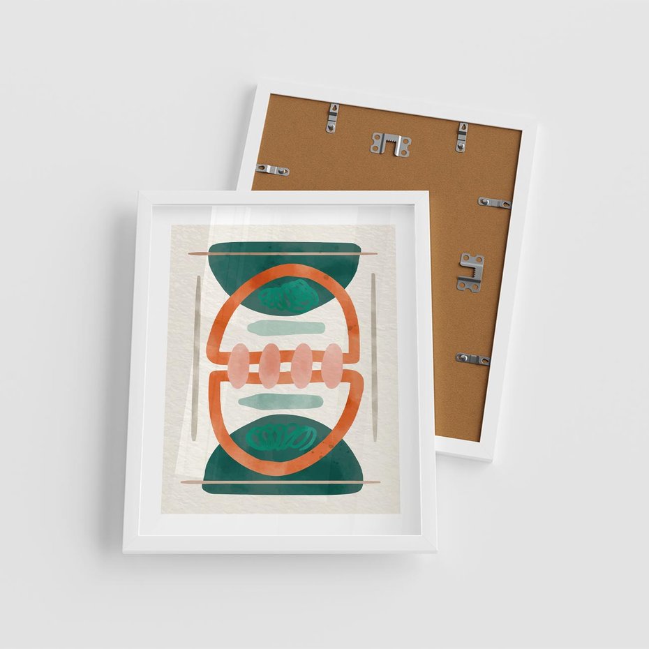 Plakat w ramie 40x50 - Oryginalny obraz abstrakcyjny w nowoczesnym stylu. Geometryczne akwarelowe kształty w intensywnych odcieniach zieleni i pomarańczu. Doskonała dekoracja dla miłośników sztuki. - abstrakcyjny obraz, sztuka nowoczesna - rama biała