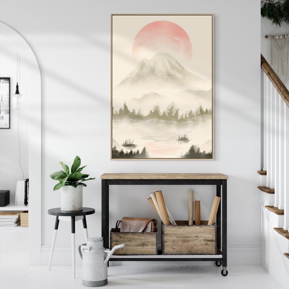 Obraz w ramie 80x120 - Przyroda Japonii - japońska akwarela, góry - rama drewno