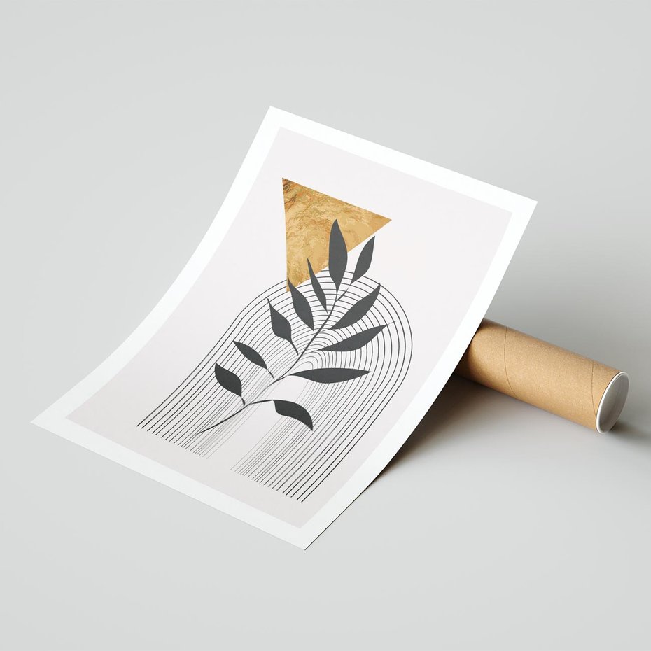 Plakat bez ramy 50x70 - Geometria z Elementami Złota i Liści - grafika, złoto