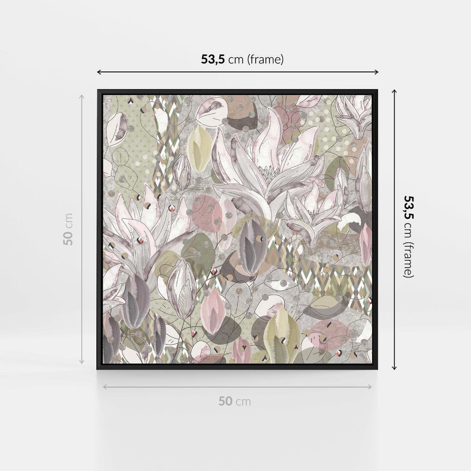 Obraz w ramie 50x50 - Pejzaże zatajonej duszy - połączenie tekstur, roślinne motywy - rama czarna