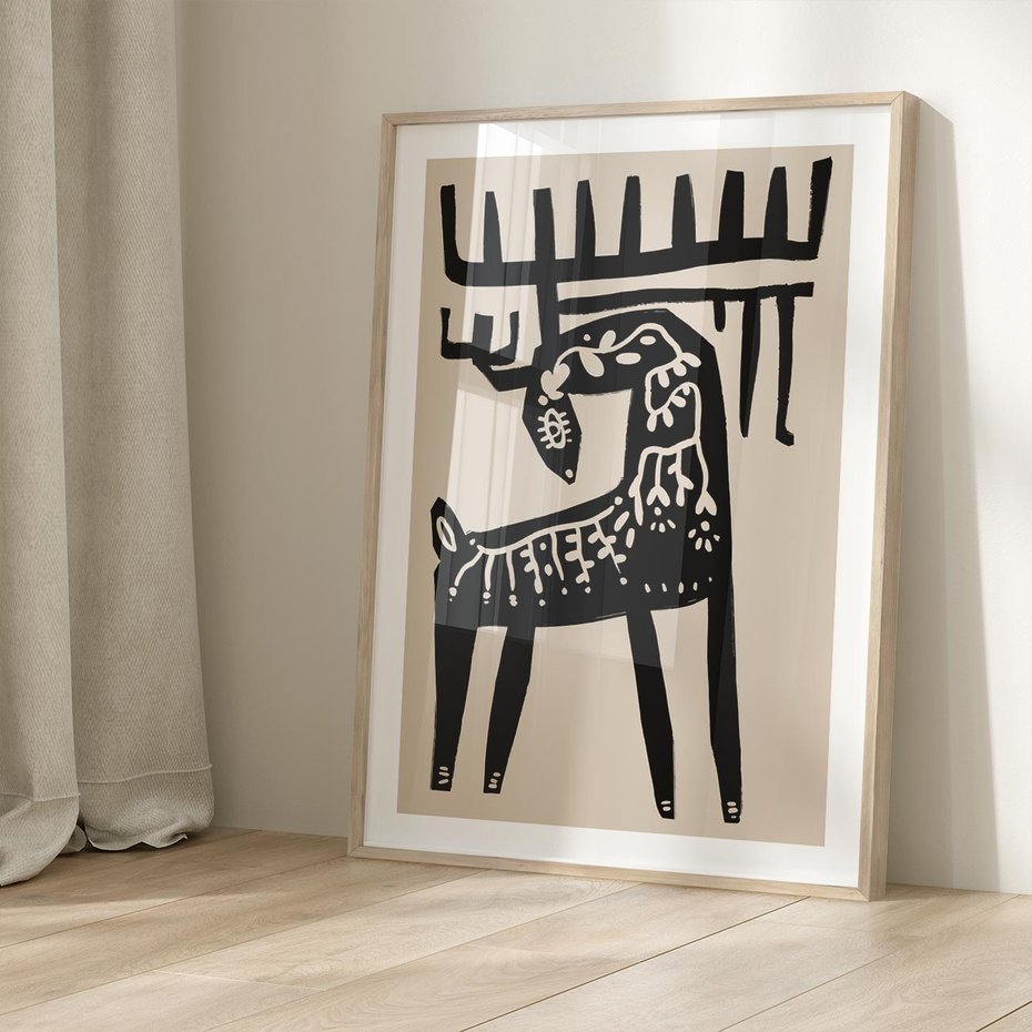 Plakat w ramie 50x70 - Konturem Zdefiniowany - skandynawska sztuka, jeleń - rama drewno