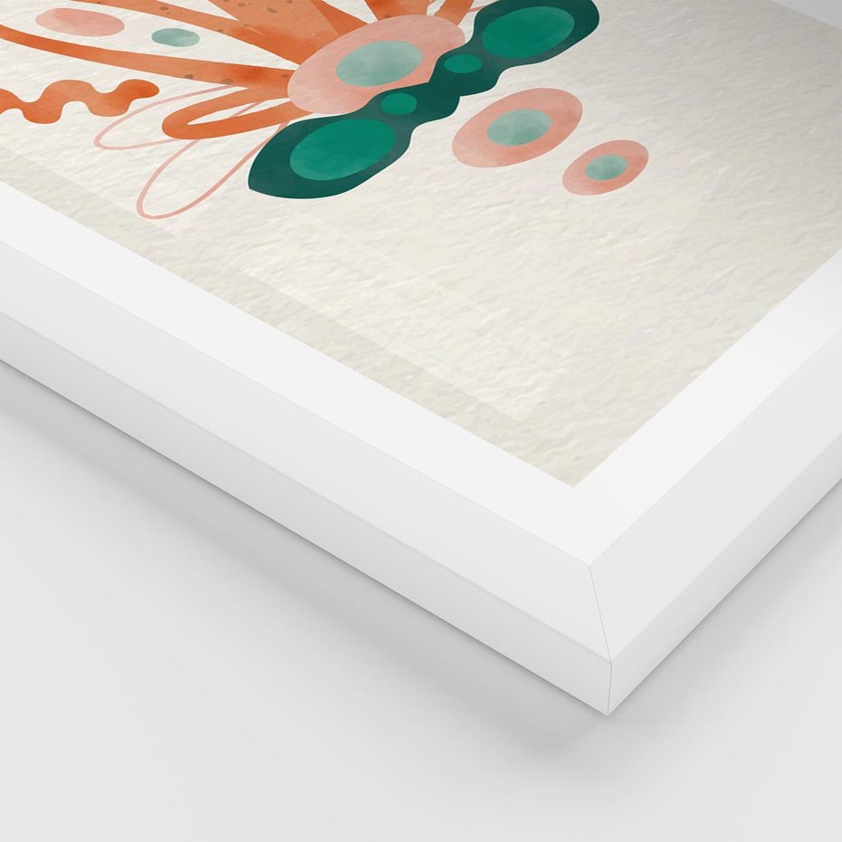 Plakat w ramie 30x40 - Harmonia Nienormalności - akwarelowe abstrakcyjne kształty, zieleń i pomarańcz - rama biała