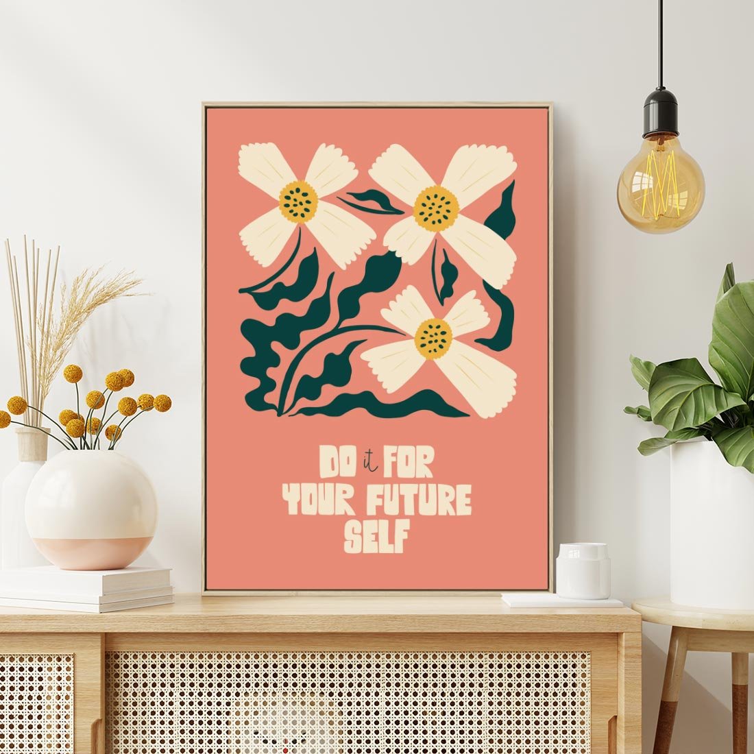 Obraz w ramie 50x70 - Mgliste Refleksje - nowoczesny plakat, różowe tło - rama drewno