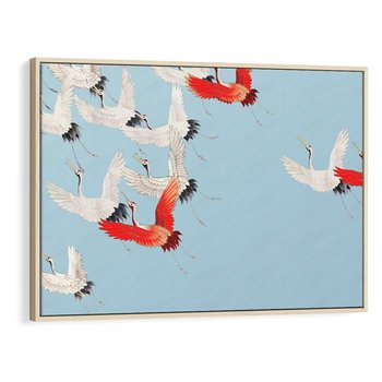 Obraz w ramie 70x50 - Eteryczne Żurawie - lecące żurawie, orientalna sztuka - rama drewno