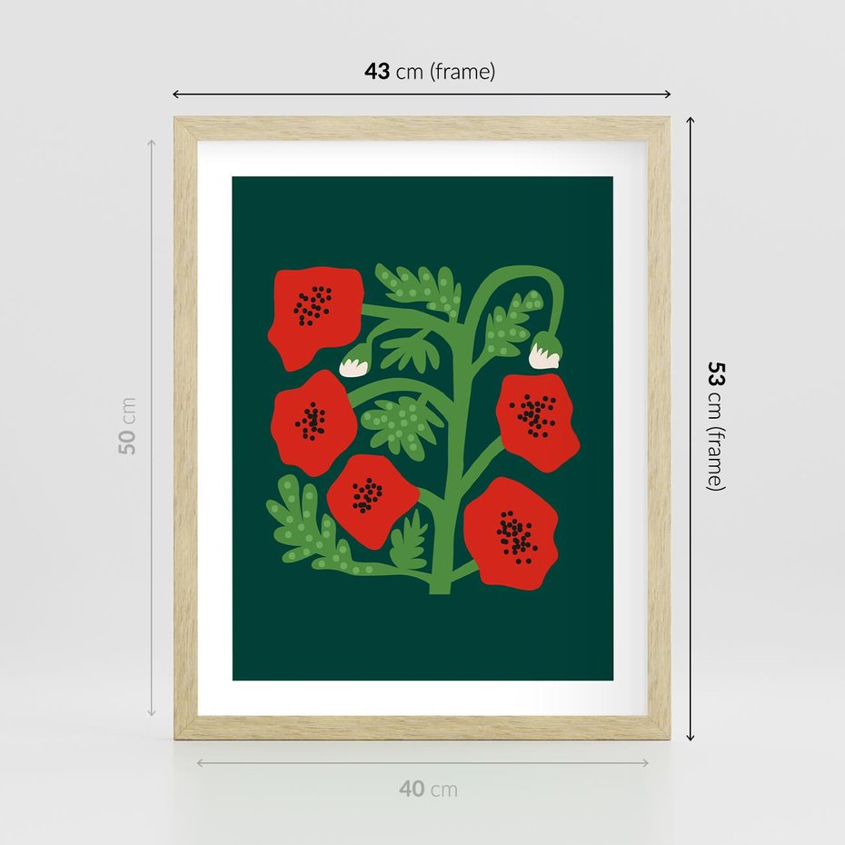 Plakat w ramie 40x50 - Księga Odbić - abstrakcyjna kwiatowa kompozycja, zielone mocne tło - rama drewno