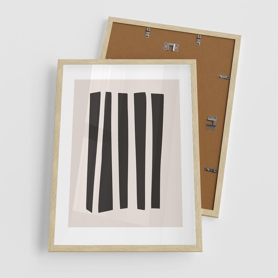 Plakat w ramie 50x70 - Migotliwa Transformacja Form - minimalizm, czarne pasy - rama drewno