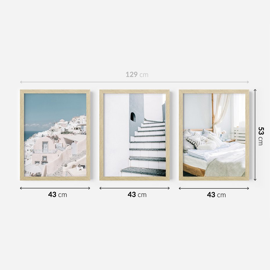 Zestaw obrazy w ramie 40x50 galeria - Santorini, wakacje, błękit - rama drewno