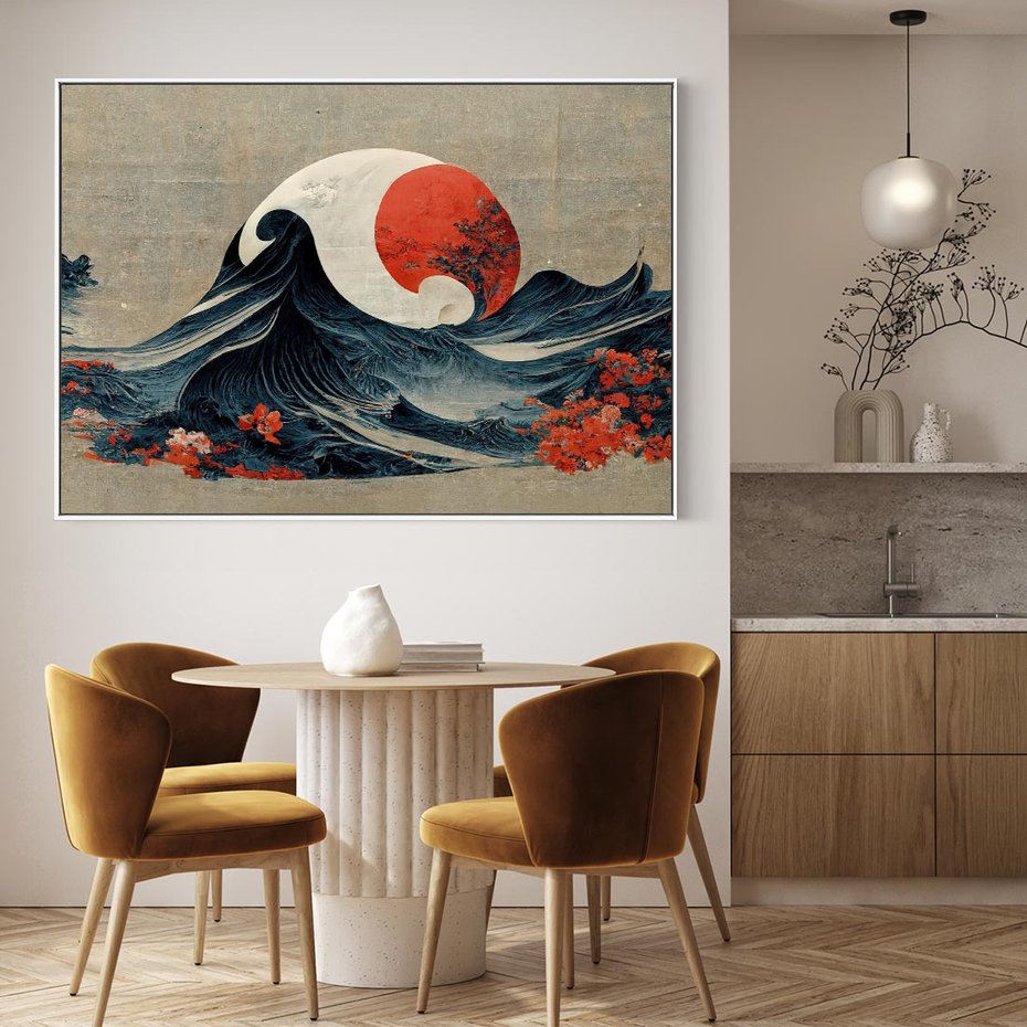 Obraz w ramie 70x50 - Requiem dla marzeń - sztuka japońska, fale oceanu - rama biała