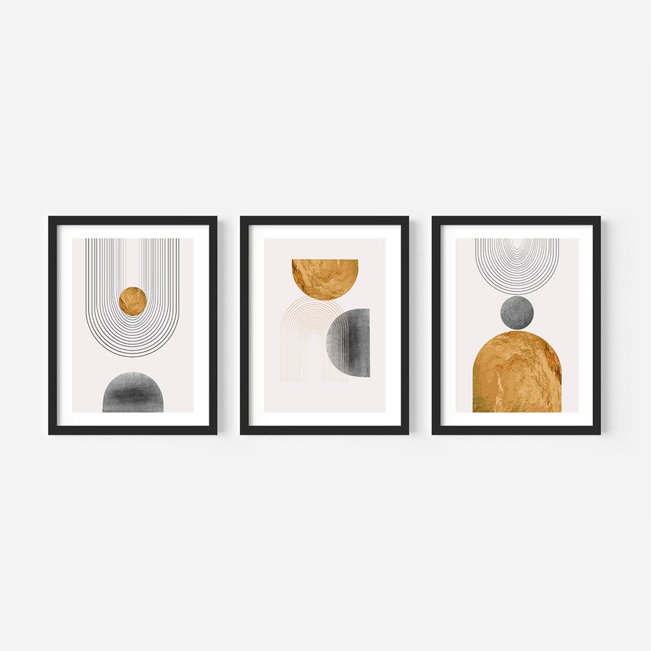 Zestaw obrazy w ramie 50x70 galeria - Złote, geometryczne, nowoczesne - rama czarna