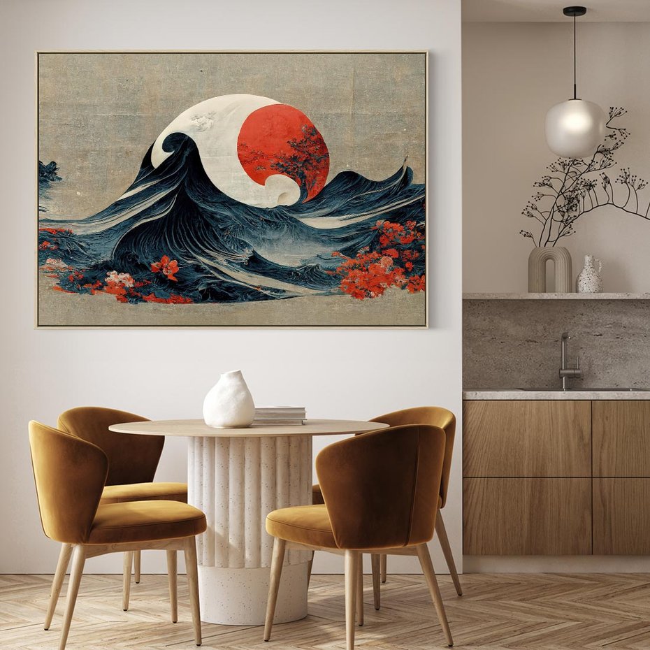 Obraz w ramie 120x80 - Requiem dla marzeń - sztuka japońska, fale oceanu - rama drewno