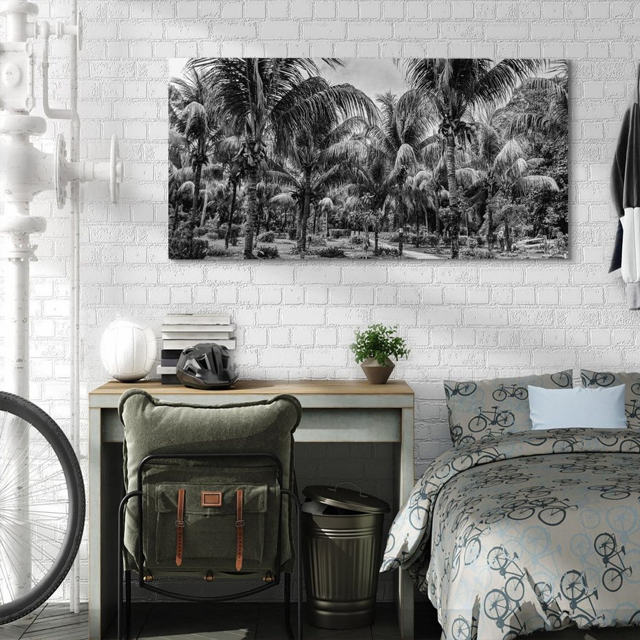 Obraz na płótnie 120x60 - Mroczna Ścieżka Tropików - czarno biała fotografia, ścieżka pośród palm