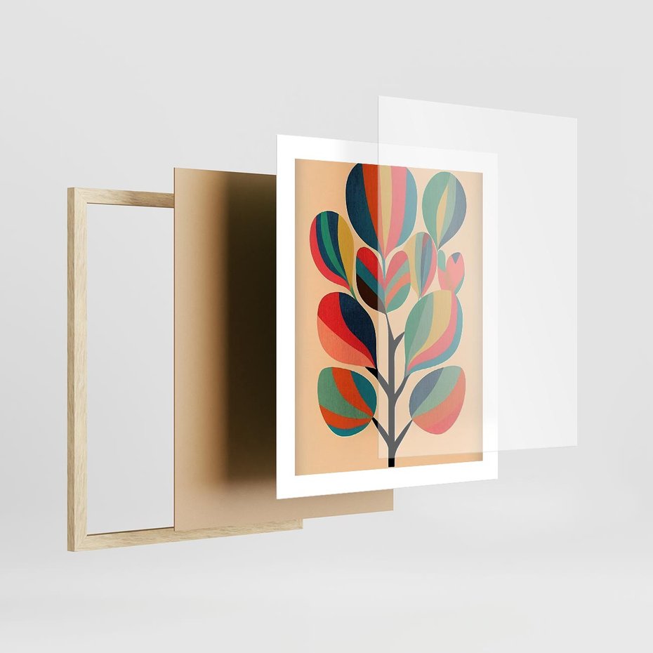 Plakat w ramie 40x50 - Harmonia Rozplątanych Form - abstrakcyjny kolorowy tęczowy obraz, inspiracje roślinne - rama drewno
