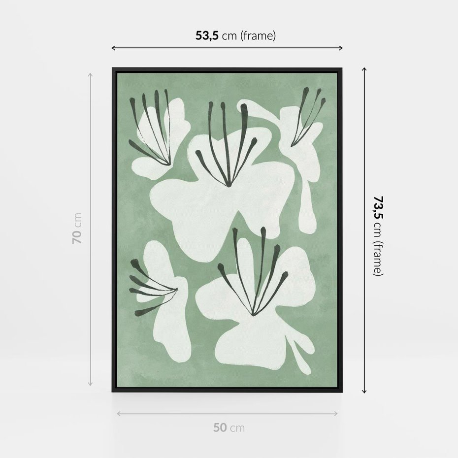 Obraz w ramie 50x70 - Rozkwitające Ukojenie - zgaszona zieleń, kwiaty - rama czarna