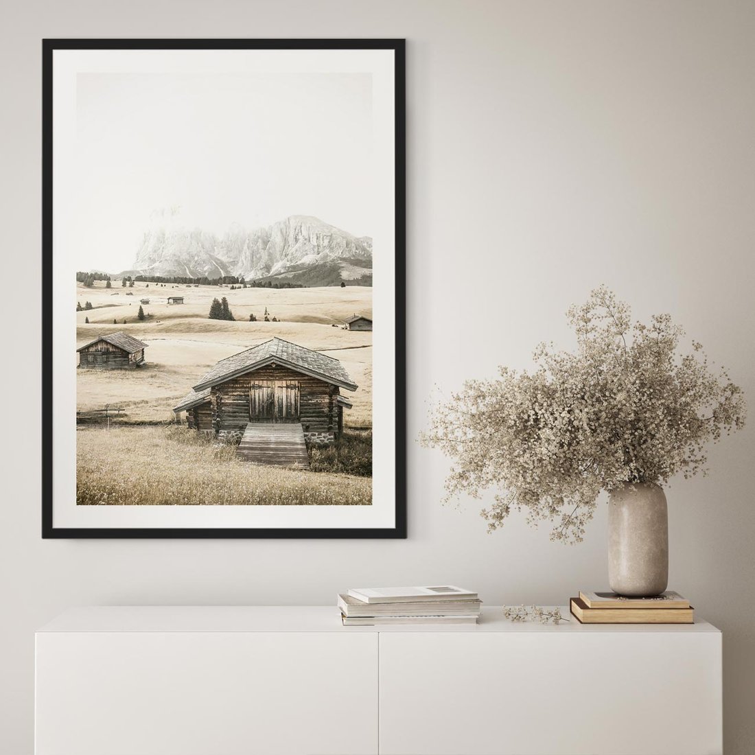 Plakat w ramie 40x50 - Chatka w Górskiej Sepii - domek w górach, chatka - rama czarna