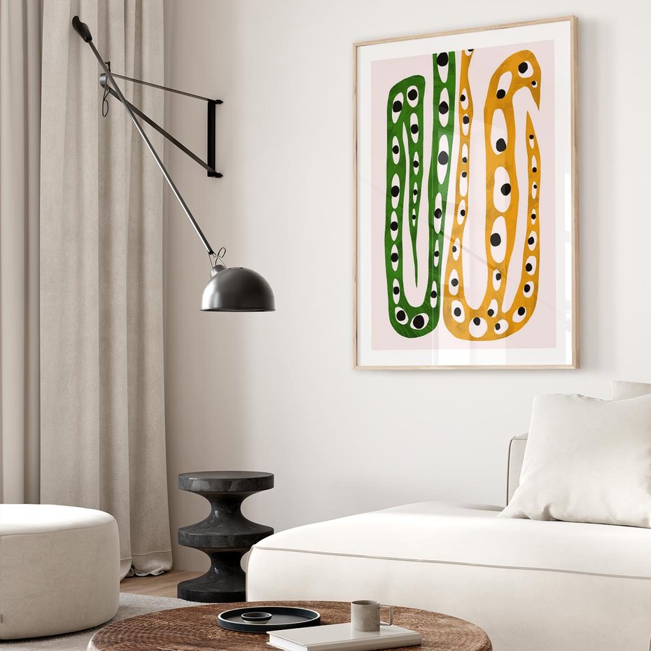 Plakat w ramie 40x50 - Migocące Zmaganie - abstrakcyjny obraz, dziwne kształty - rama drewno