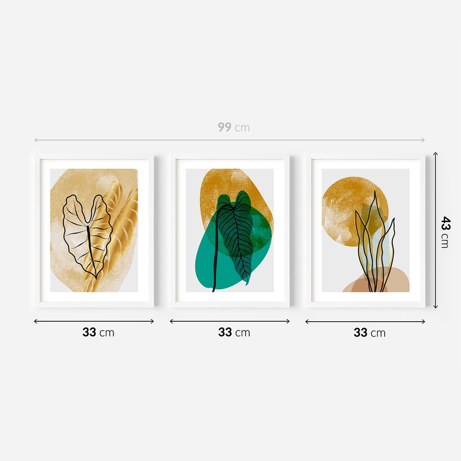 Zestaw obrazy w ramie 30x40 galeria - Złote, liście, monstera, akwarela - rama biała