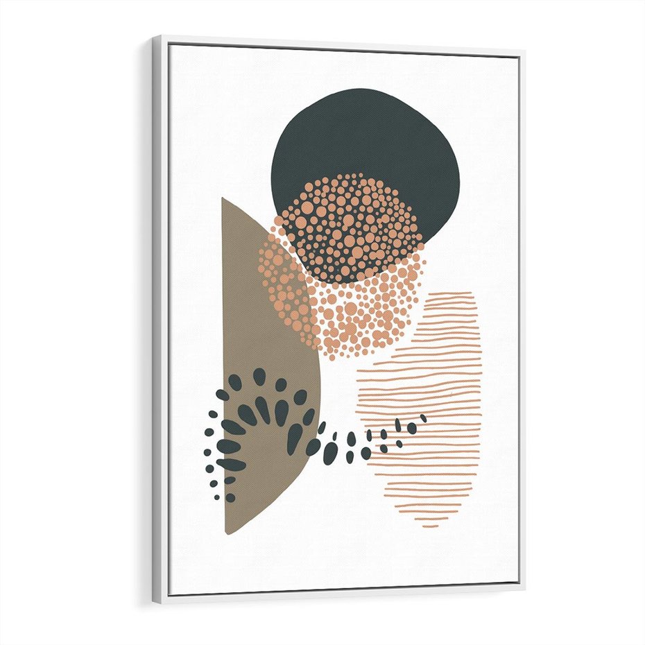 Obraz w ramie 50x70 - Harmonia Akwarelowych Przestrzeni - abstrakcyjna kompozycja z kropek kresek i kółek, odcienie brązu i beżu - rama biała