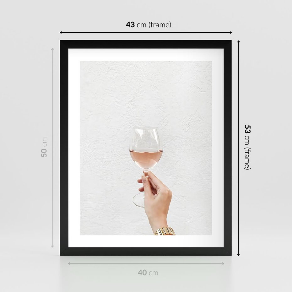 Plakat w ramie 40x50 - Kobieca Dłoń i Różowe Wino - kieliszek różowego wina, kobieca dłoń - rama czarna