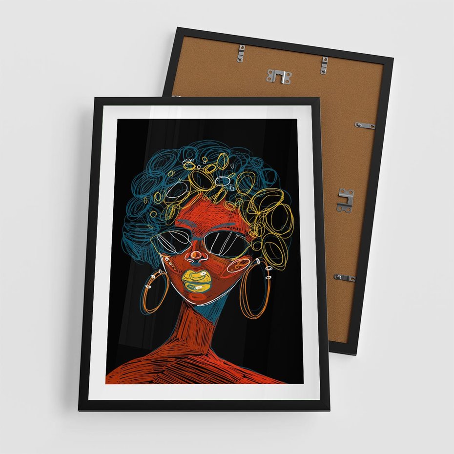 Plakat w ramie 50x70 - Kolorowe Wibracje Rzeczywistości - abstrakcyjny portret kobiety, twarz - rama czarna