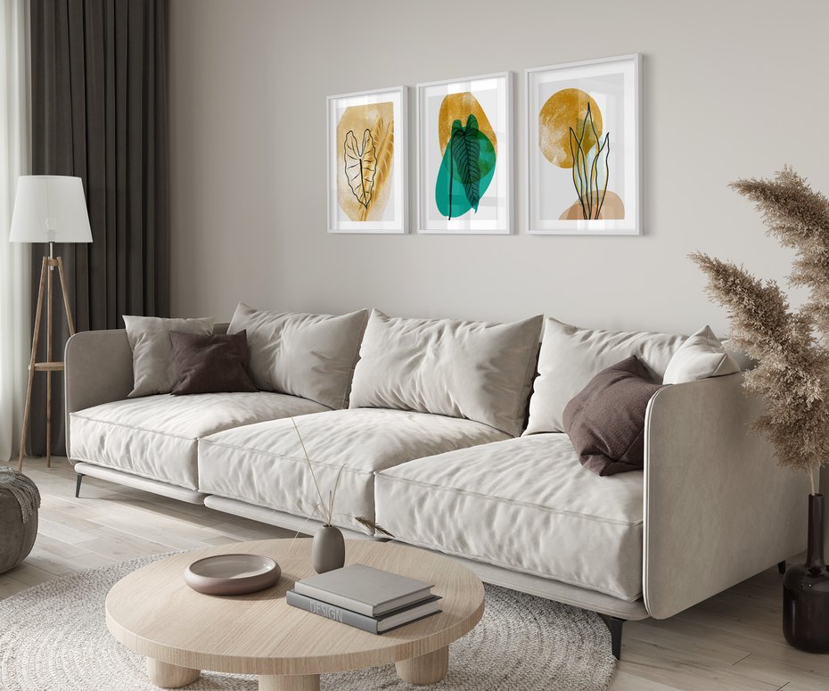 Zestaw obrazy w ramie 30x40 galeria - Złote, liście, monstera, akwarela - rama biała