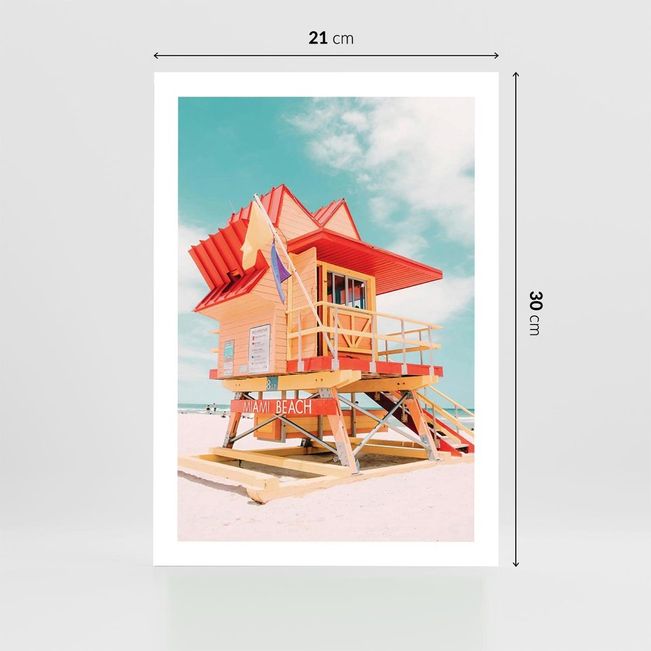 Plakat bez ramy 21x30 - Rajski Widok - plaża miami, domek ratownika