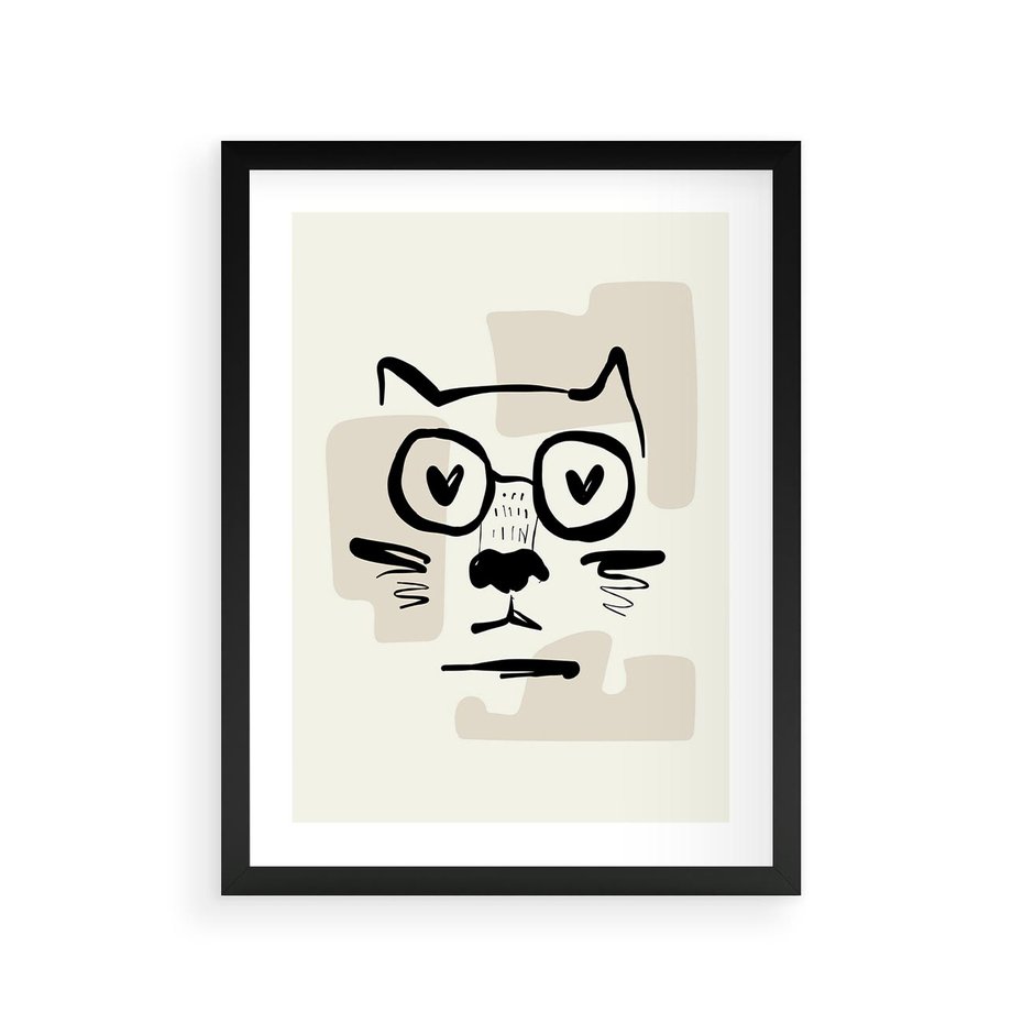 Plakat w ramie 30x40 - Minimalistyczny Kot: Czarna Kreska - kot, grafika - rama czarna