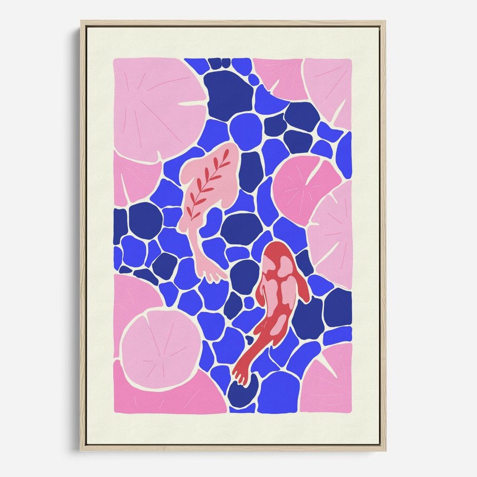 Obraz w ramie 80x120 - Rzeka Abstrakcji - abstrakcyjna kompozycja, różowe ryby wśród rafy - rama drewno