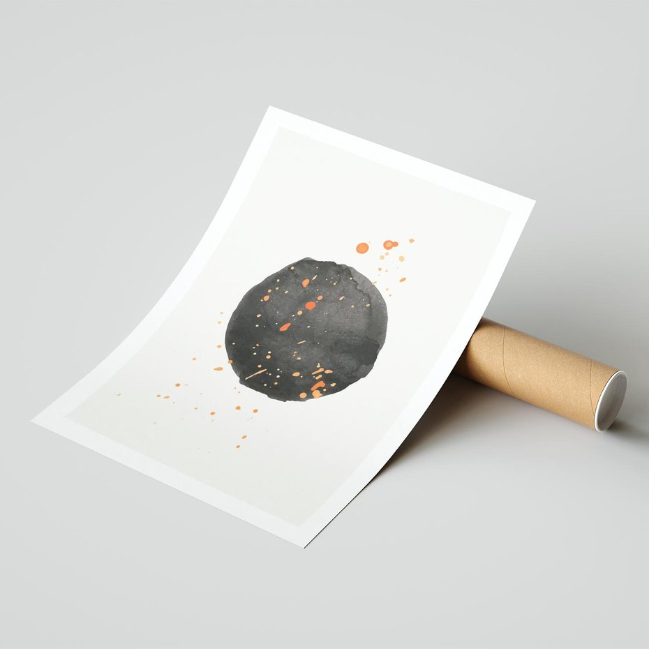 Plakat bez ramy 40x50 - Wibracje Kolorów - abstrakcyjna czarna plama, rozsiane pomarańczowe kropki