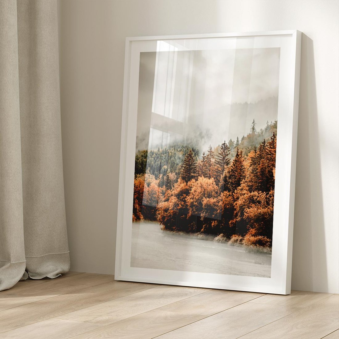 Plakat w ramie 50x70 - Jesienna Mgła - las, góry - rama biała
