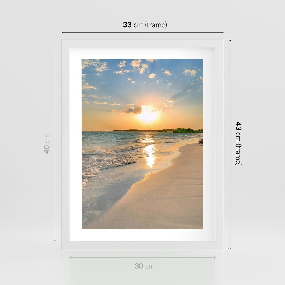 Plakat w ramie 30x40 - Zachód słońca na plaży - plaża, zachód - rama biała