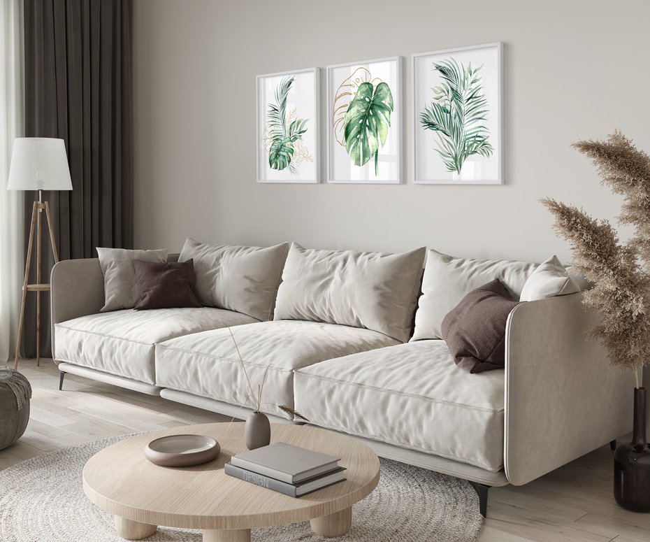 Zestaw obrazy w ramie 30x40 galeria - Liście, monstera, palma, złote, akwarela - rama biała