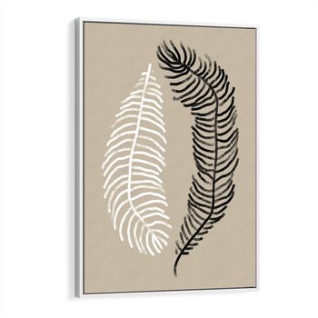 Obraz w ramie 50x70 - Spleciona Harmonia - sztuka nowoczesna, białe i czarne pióro - rama biała