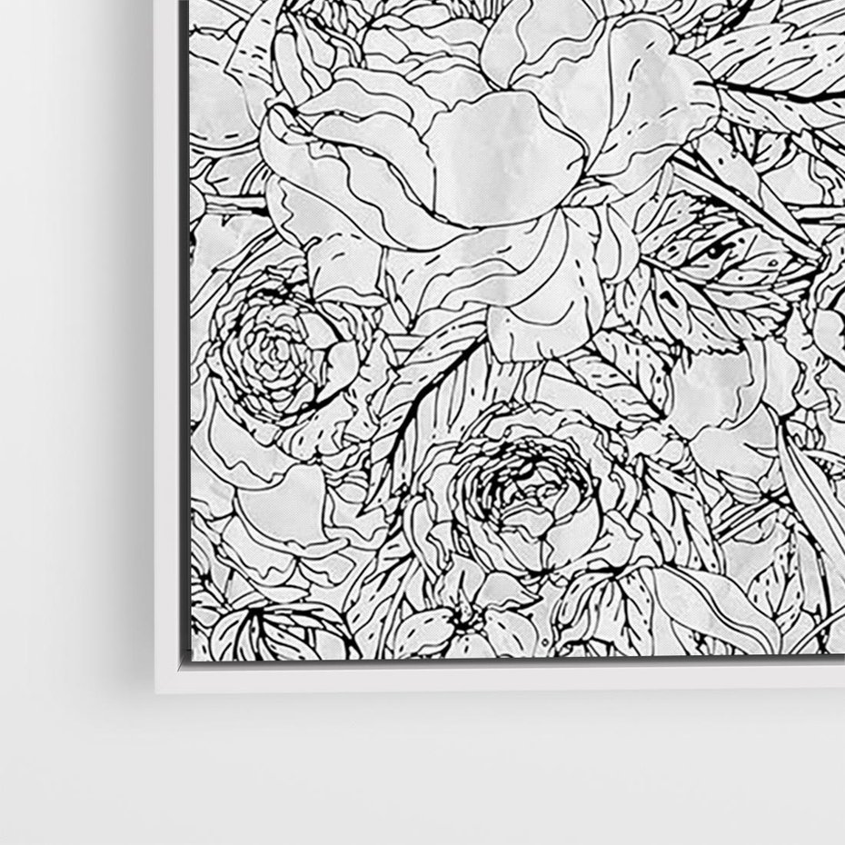 Obraz w ramie 100x70 - Refleksje w martwym punkcie - graficzny szkic, kompozycja kwiatów - rama biała