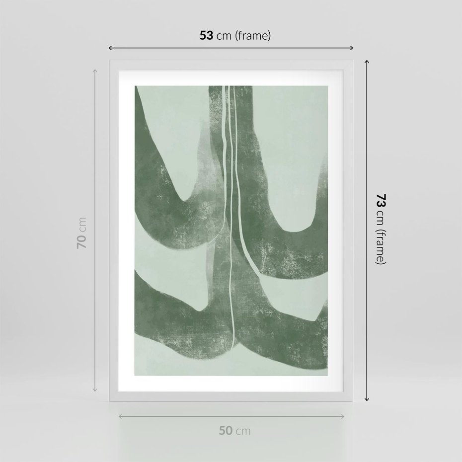 Plakat w ramie 50x70 - Nurtująca Kompozycja Zieleni - abstrakcyjne delikatne zielone linie, podobne do gałęzi kwiatów - rama biała