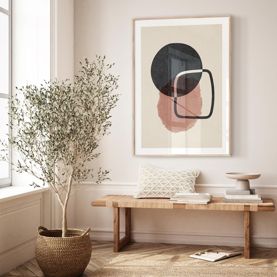 Plakat w ramie 40x50 - Abstrakcyjna Harmonia - abstrakcyjne nieregularne kształty, minimalistyczny plakat - rama drewno