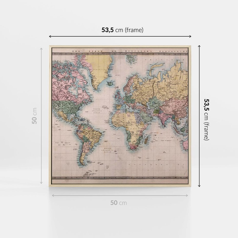 Obraz w ramie 50x50 - Światło Przeszłości - retro mapa świata, mapa - rama drewno