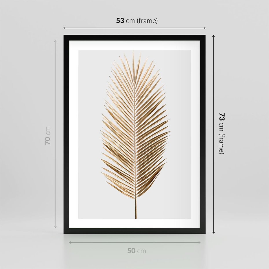 Plakat w ramie 50x70 - Złoty blask palmowego liścia - złota, palma - rama czarna