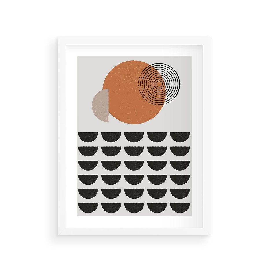 Plakat w ramie 30x40 - Geometryczna Ekspresja - geometryczny graficzny obraz, pomarańczowe koło - rama biała
