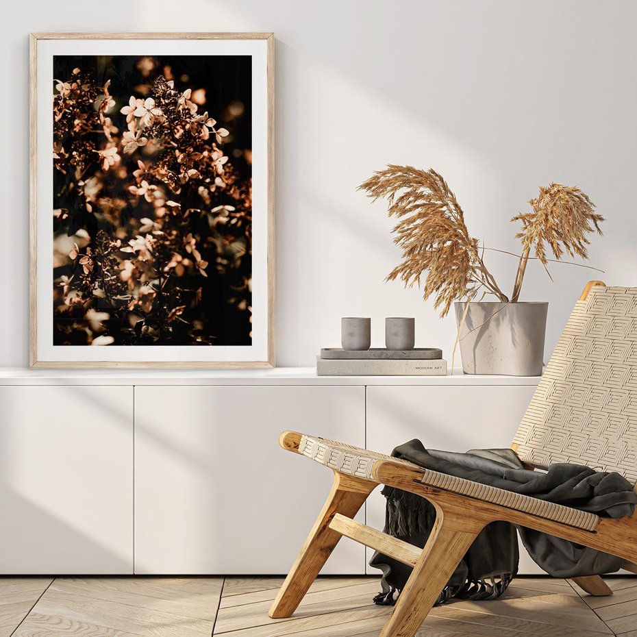 Plakat w ramie 40x50 - Sucha Kompozycja Kwiatów - suche kwiaty hortensji - rama drewno