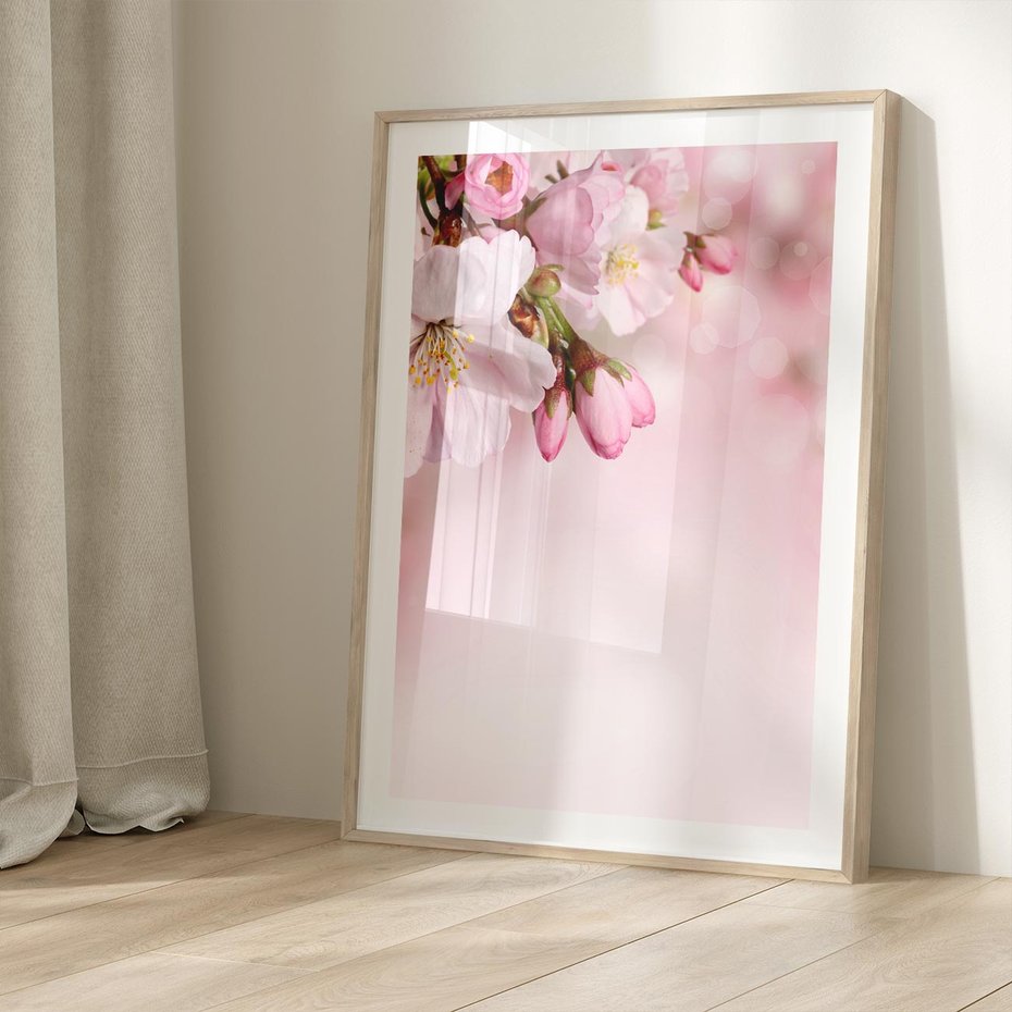 Plakat w ramie 50x70 - Kwitnąca wiśnia: delikatność natury - kwitnąca, wiśnia - rama drewno