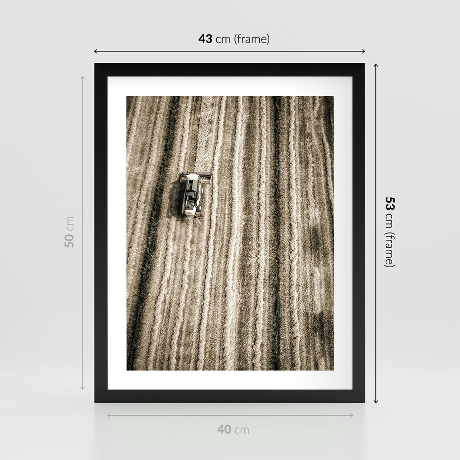Plakat w ramie 40x50 - Sepia na Polu - kombajn, pole - rama czarna