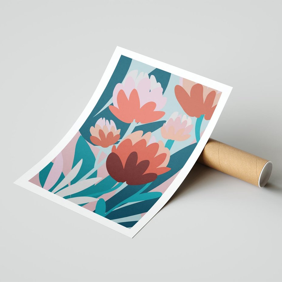 Plakat bez ramy 40x50 - Symfonia Kwiatów - abstrakcyjna kompozycja kwiatowych form, kolor zgaszone