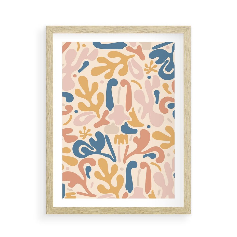 Plakat w ramie 50x70 - Symfonia Radosnych Barw - abstrakcyjne pastelowe formy, nowoczesna grafika w stylu boho - rama drewno