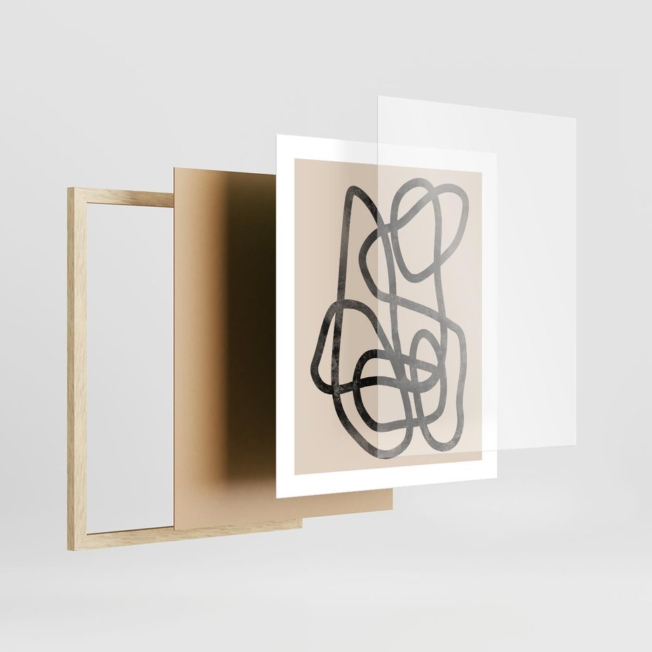Plakat w ramie 40x50 - Przenikanie Wirtualnych Wymiarów - zaplątane minimalistyczne linie, na bezowym tle - rama drewno