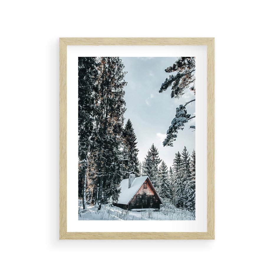 Plakat w ramie 30x40 - Górska Uroda Zimą: Dom w Śniegu - domek w górach, zima - rama drewno