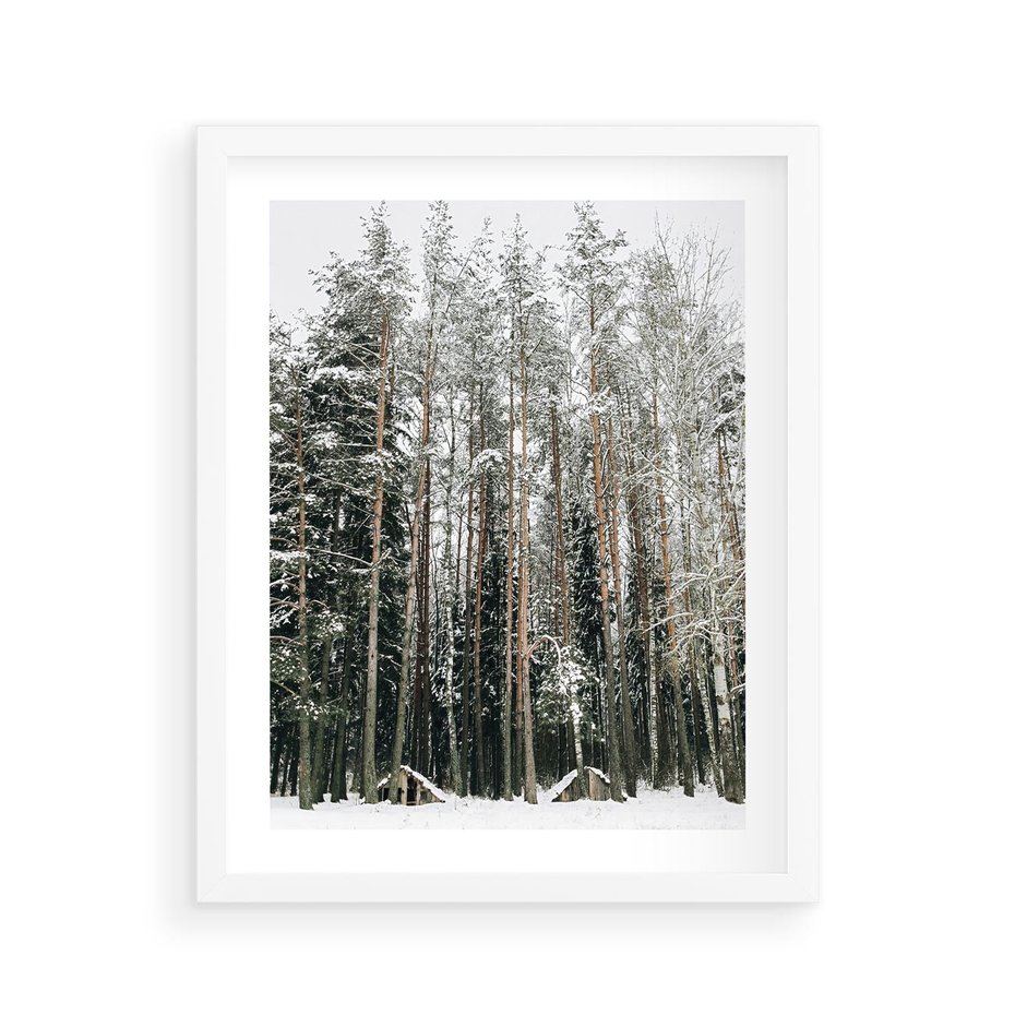 Plakat w ramie 40x50 - Sypiący Śnieg - las w zimie, drzewa pod śniegiem - rama biała