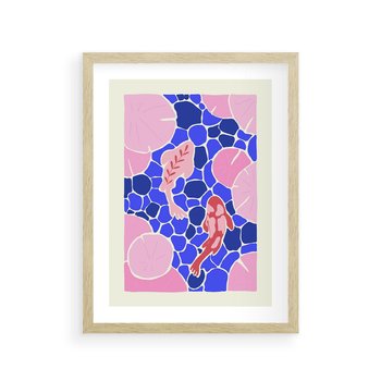 Plakat w ramie 40x50 - Rzeka Abstrakcji - abstrakcyjna kompozycja, różowe ryby wśród rafy - rama drewno